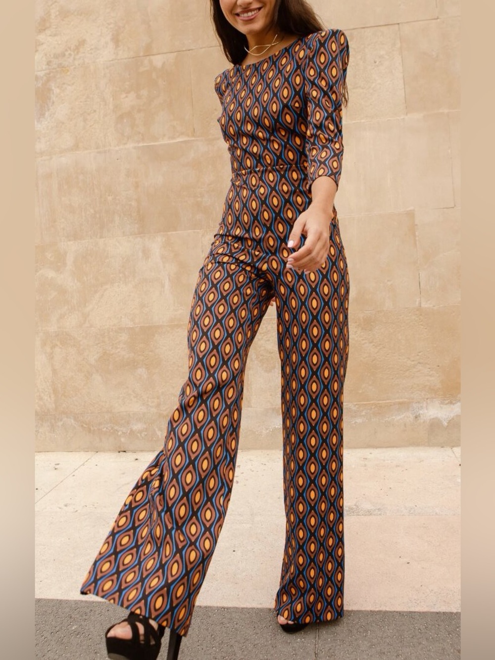 Retro Geometric Wide-Leg Jumpsuit - Orange & Blue nwot size small